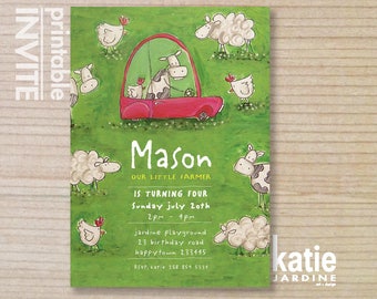 kids invitation - farm invitation - childrens invitation - boys invite - printable invitation - farm animals - red car - Miss MOO