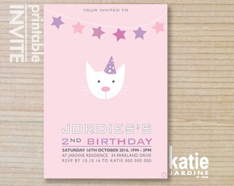 kids invitation  - printable invitation - girls invitation - cat invitation - cat party - girls invite - pussy cat - pink - aqua - white