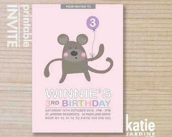 kids invitation  - monkey invitation - printable invitation - monkey with balloon - girls invite - pink - purple