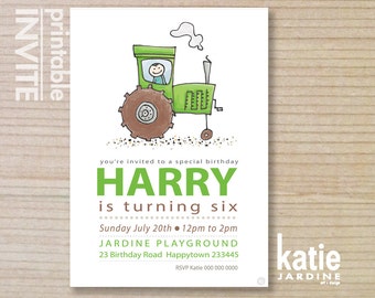 GREEN tractor - farm invitation - kids invitation - boys invitation - childrens invitation - printable invitation - farm tractor