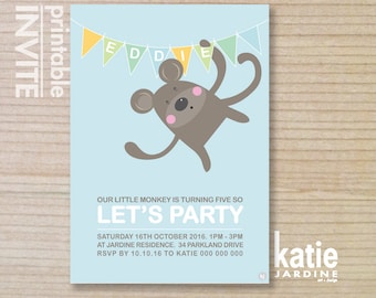 kids invitation  - printable invitation - monkey invitation - monkey party - boys invite - blue - green - white - yellow