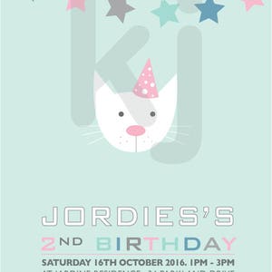 kids invitation printable invitation girls invitation cat invitation cat party girls invite pussy cat pink aqua white image 3