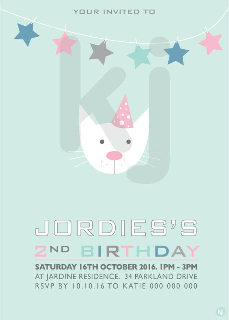 kids invitation printable invitation girls invitation cat invitation cat party girls invite pussy cat pink aqua white image 3