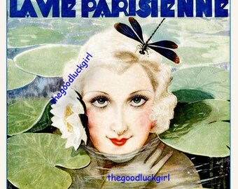Sexy MERMAID WITH DRAGONFLY 8x10 vintage La Vie Parisienne magazine Cover Art print