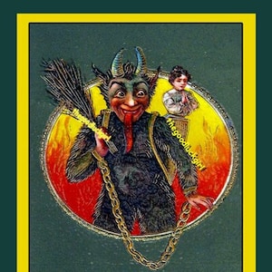 May include: A vintage Christmas card featuring a red-skinned devil with horns and a long tail, holding a bundle of twigs. The devil is wearing a black fur suit and a chain around his waist. The devil is standing in front of a red and yellow background with flames. A small girl in a white dress is standing behind the devil, looking scared. The text on the card reads "Gruss von Krampus".