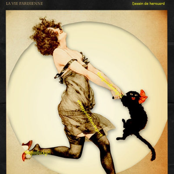 LADY & CAT DANCE 8x10 vintage La Vie Parisienne magazine Cover Art Print Herouard  picture