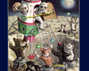 Vintage SPACE CATS 8X10 UFO Alien kittens Postcard art reproduction print picture