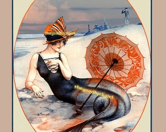 MERMAID WITH UMBRELLA 8x10 vintage La Vie Parisienne French magazine cover Art Print picture