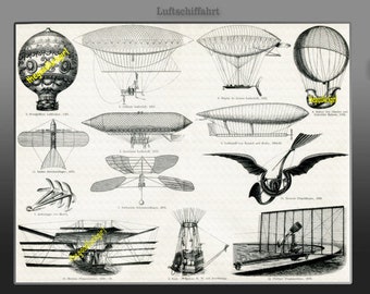 May include: A vintage black and white illustration of different types of airships and flying machines. The image includes a variety of designs, from early hot air balloons to more advanced dirigibles. The image is labeled "Luftschiffahrt", which is German for "airship travel".