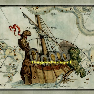 May include: An antique illustration of the constellation Argo Navis, a large constellation in the southern celestial hemisphere. The illustration depicts the constellation as a ship with a sail and a mast, with stars represented by small circles. The constellation is surrounded by other constellations, including Canis Major, Centaurus, and Crux.
