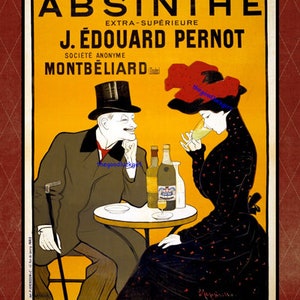 Puede incluir: Anuncio vintage para Absinthe Extra-Supérieure J. Édouard Pernot, una empresa de licores con sede en Montbéliard, Francia. El anuncio presenta a un hombre y una mujer sentados a una mesa con botellas de absenta y vasos. El texto del anuncio dice "Absinthe Extra-Supérieure J. Édouard Pernot Société Anonyme Montbéliard" y "Liqueur Mont-Christ".