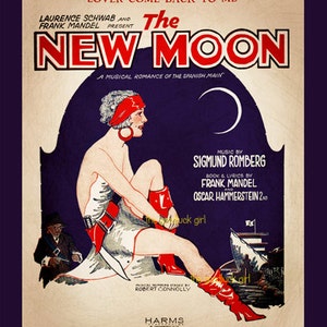 May include: Vintage sheet music cover for "The New Moon," featuring a woman in a red headscarf and boots, with text including "Lover Come Back to Me." The artwork has a retro style with a dark purple background and a crescent moon.