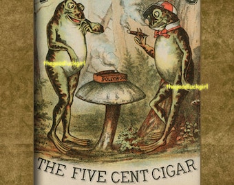 May include: Vintage advertisement for Pollywogs Five Cent Cigars featuring two cartoon frogs smoking cigars. The text reads "Pollywogs The Five Cent Cigar Hand Made Havana Filled Gumpert Bros. Manufacturers. Store 1341 Chestnut St. Factory 115, 117, 119, 121S.23F St. Phila. For Sale Everywhere."