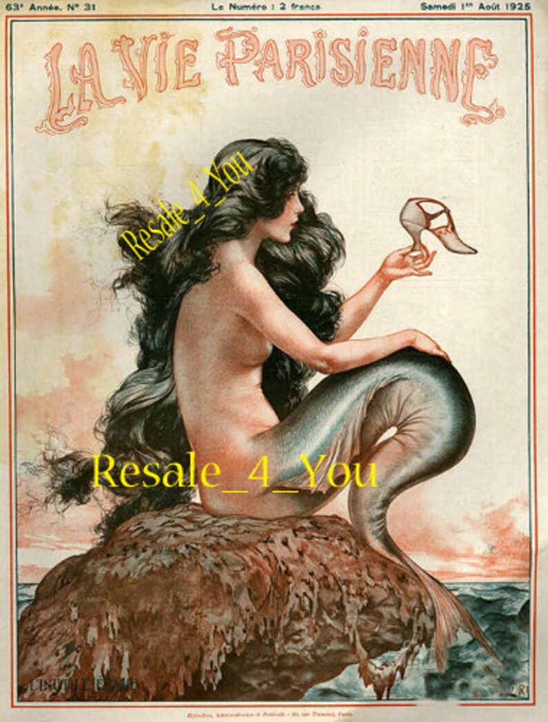 Semi Nude Sexy MERMAID WITH SHOE 8x10 Vintage French La Vie Parisienne Cover Art print picture image 2