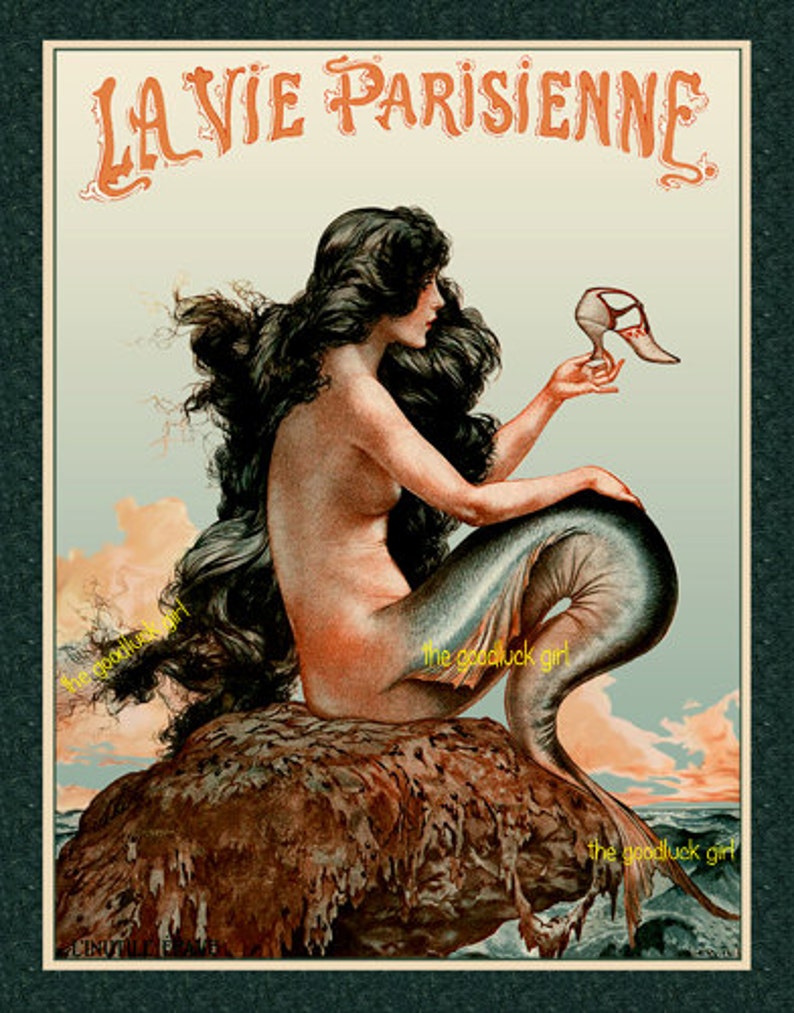 Semi Nude Sexy MERMAID WITH SHOE 8x10 Vintage French La Vie Parisienne Cover Art print picture image 1