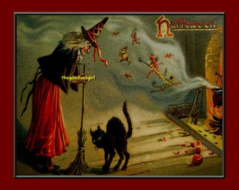 May include: A vintage illustration of a witch with a black cat, a broom, and a cauldron. The witch is wearing a red dress and a pointed hat. The text "Hallowe'en" is written in the top right corner of the image.