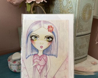 Whimsical Big Eye Girl With Pink Heart Illustration | Handmade Art | Blank Greeting Card