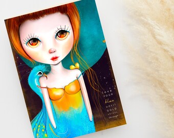 Big-Eyed Girl with Peacock Art Card | Emotional Healing (A5 Digital Download)