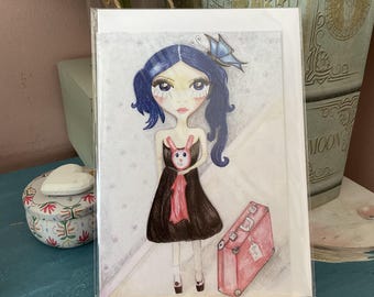 Blue Haired Girl Rabbit Illustration Greeting Card | Whimsical Fantasy Art (120x150mm)