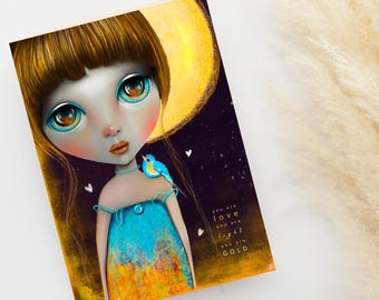 Big-Eyed Girl Greeting Card | Fine Art Printable, Blue Bird (Digital Download)
