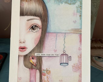 Whimsical Girl Art Print A5 | “With Brave Wings She Flies”