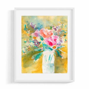 Mason Jar Bouquet, Watercolor Floral Vase Painting, Floral Print, Framed Wall Art, Bright Watercolor Flower Art, Framed Watercolor Paintings