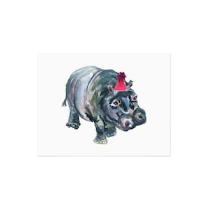 Hippo Party Animal Greeting Card, Celebration Animal Card, Watercolor Cards, Birthday Card, Everyday Card, Congratulations Greeting Card
