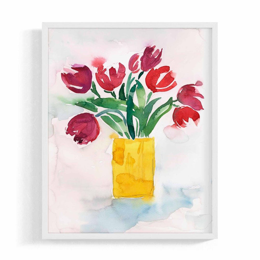 Red Tulip Watercolor Painting: Floral Vase Framed Art Print - Etsy