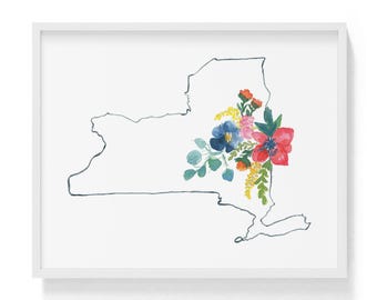 Blommig akvarellkonsttryck i delstaten New York: Minimalistisk linjekonst i New York
