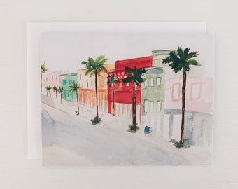 Downtown Charleston Greeting Card, South Carolina Charming Artwork, Blank City Greeting Card, Watercolor City Card