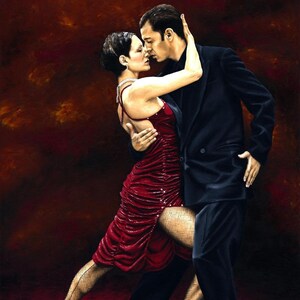 ESE MOMENTO DE TANGO Bellas artes firmado contemporáneo giclée print Hermoso hombre mujer romántico sensual sexy pareja amantes apasionados bailarines rojos