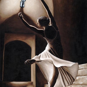 May include: A ballerina in a white dress dances under a single lightbulb in a dimly lit room. The ballerina's arms are raised above her head, and her dress is flowing around her.