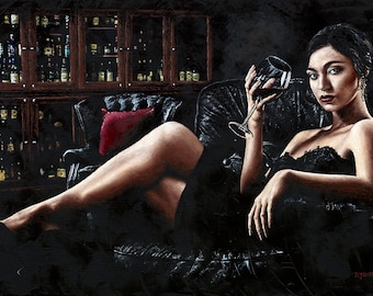 AFTER DINNER Fine art signed giclée print Beautiful elegant lady cocktail wine bar lounge Sensual sexy passionate romantic figurative female