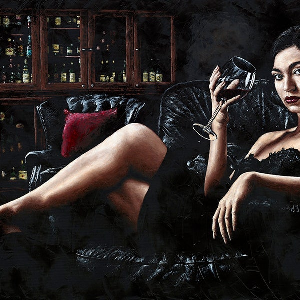 AFTER DINNER Fine art signed giclée print Beautiful elegant lady cocktail wine bar lounge Sensual sexy passionate romantic figurative female