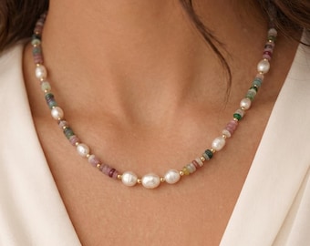 Multicolored pearl necklace, wave color beaded collarbone chain, simian style holiday jewelry, birthday gift