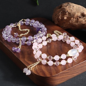 Naturlig rosa kvarts, akvamarin, ametist Dubbelöglad armband, Present till mamma/dotter, Födelsedag, Åldersgräns