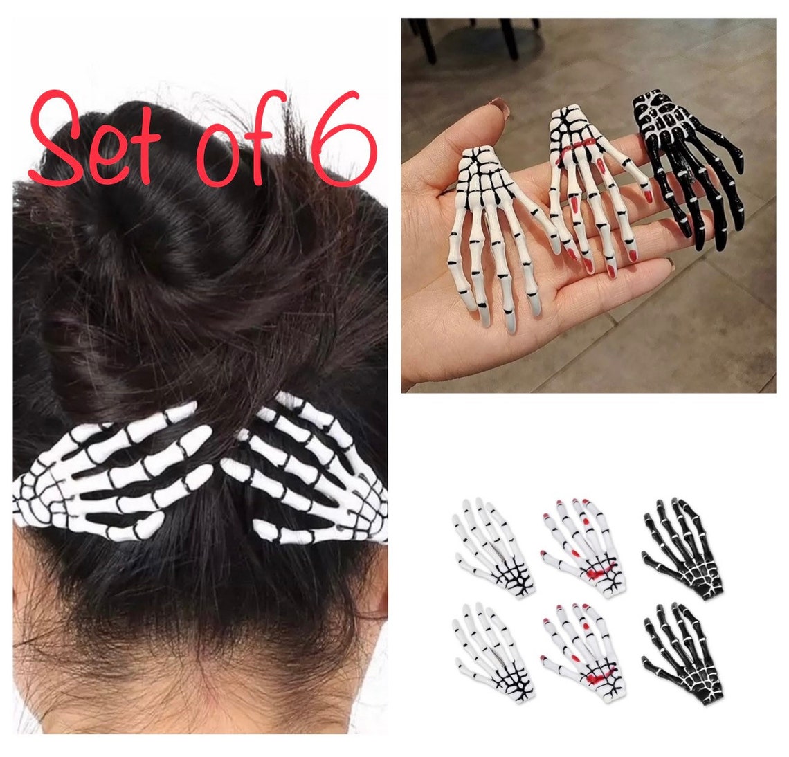 Halloween Skeleton Hand Hair Clip Set of 6 Acrylic Skull Etsy