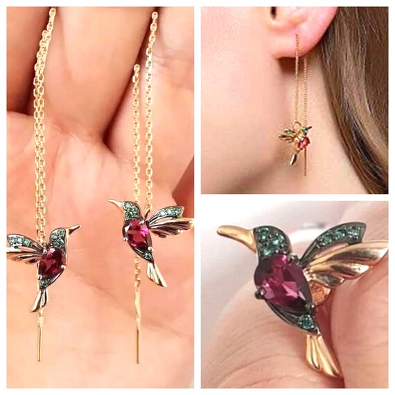 Hummingbird Earrings Hummingbird Long Earrings Gold Hummingbird