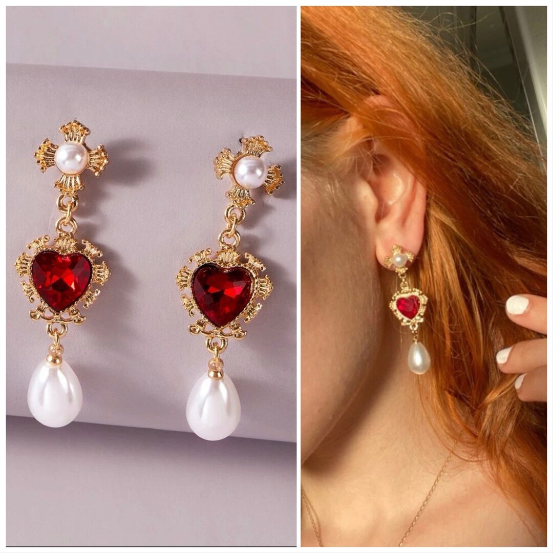 Red Heart Statement Earrings Elegant Read and Pearl Earringsantique