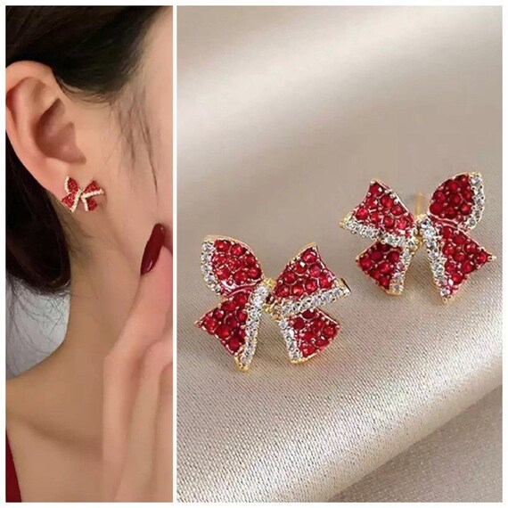 Red Bow Earrings Red Christmas Earrings Rhinestone Red Earrings Etsy