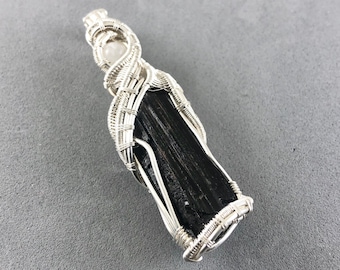 Black Tourmaline gemstone pendant with Scolecite wire wrapped in fine silver. Releasing Fear & Finding Serenity