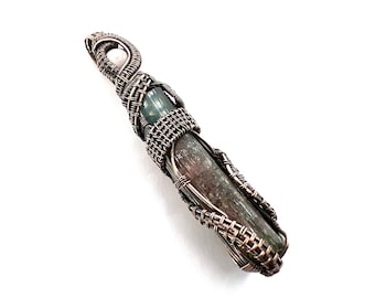 Watermelon Tourmaline crystal pendant with Blue Tourmaline  and Kunzite wire wrapped in copper. Expressing Boundless Joy