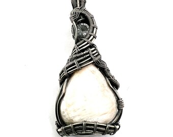 Scolecite, gemstone pendant with Petalite wire wrapped in fine silver.  Becoming Serene & Unburdened