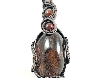 Shamanic Dream Quartz pendant with Petrified Wood and Bloodstone. For Those With The Courage To Take On Ancestral Karma