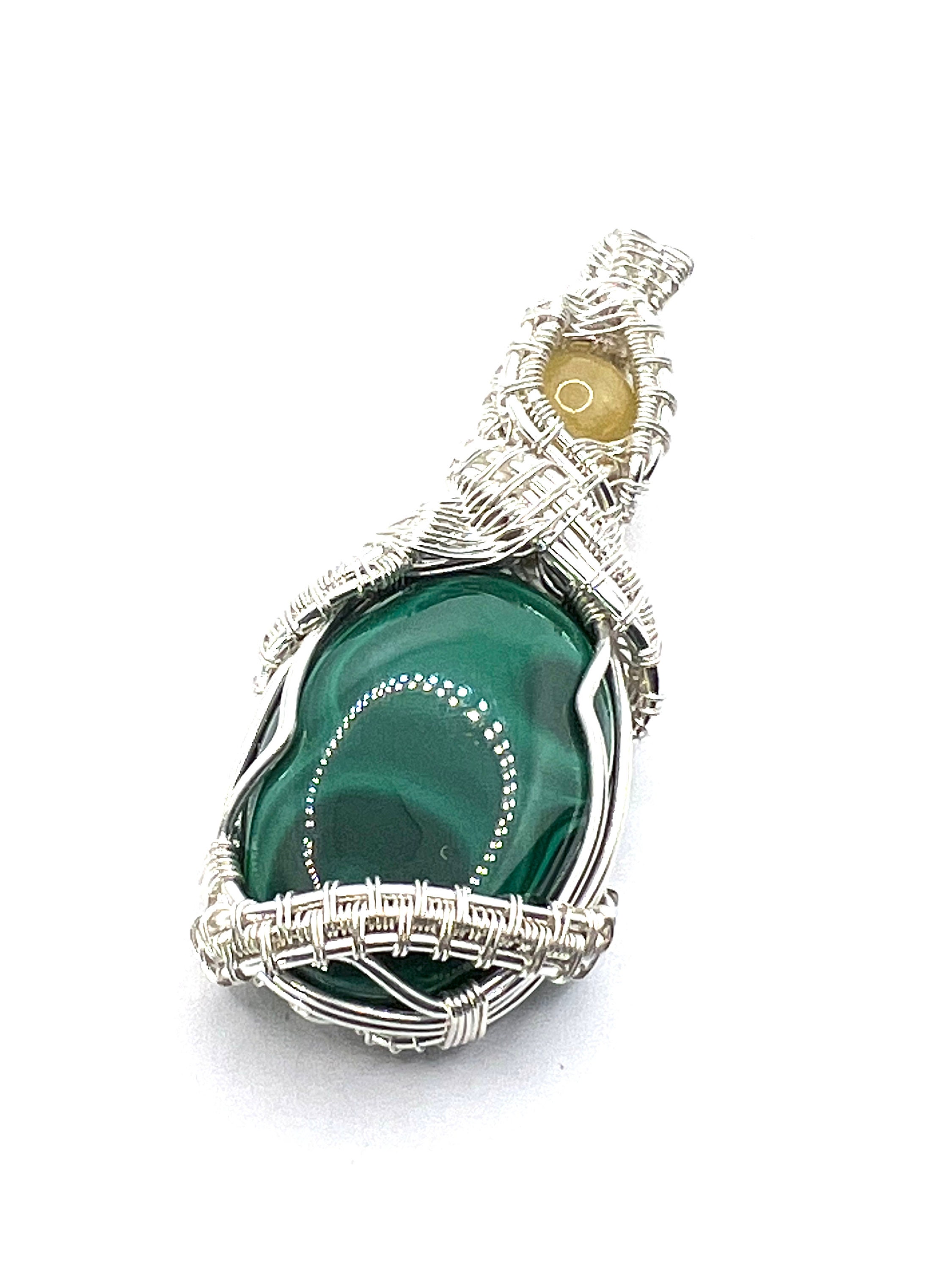 Malachite Gemstone Pendant With Heliodor, Wire Wrapped in