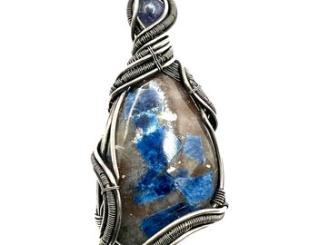 Lazulite gemstone pendant with Dumortierite in Quartz wire wrapped in fine silver. Honing Psychic Abilities