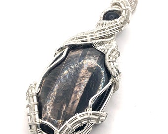 Hypersthene gemstone pendant with Black Azeztulite wire wrapped in fine silver. Healing The Darkness Within