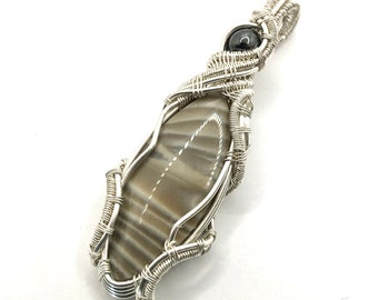 Flint Gemstone Pendant with Hematite, wire wrapped in fine silver.  Grounding Higher Spiritual Energies