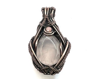 Rose Quartz gemstone pendant with Pink Opal wire wrapped in copper. Awakening Love By Healing The Heart And Emotions