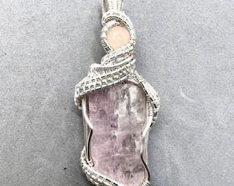 Kunzite gemstone pendant with Morganite wire wrapped in fine silver. Love & Joy